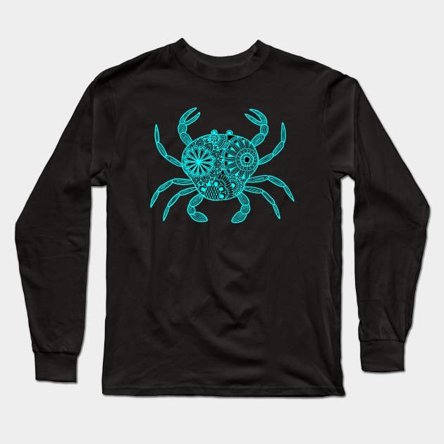 Mandala Crab (cyan and black inverted) Long Sleeve T-Shirt by calenbundalas